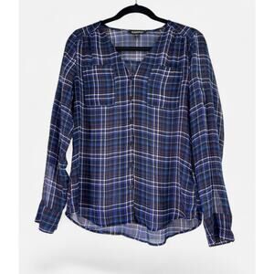 Express Women Sheer Top Blue Plaid Size S Long Sleeve College Lightweight Preppy